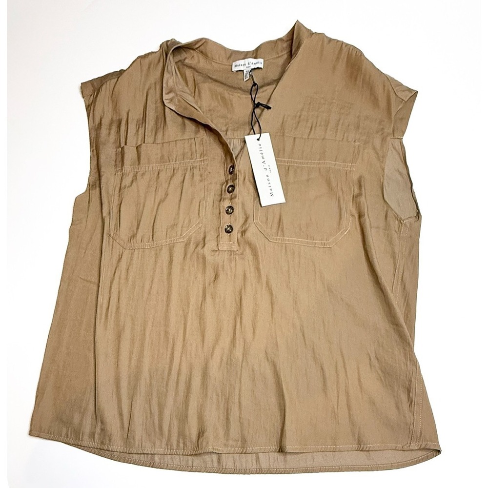 Maison d'Amélie Sleeveless Blouse Brown Satin Utility Top Minimalist Chic NWT Sm